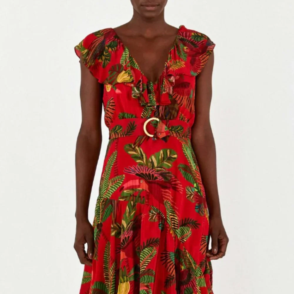 FARM Rio Red Tropical Leaf Midi Dress with Green Accents - Picture 2 of 6